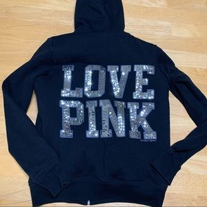 Victoria Secret sz S Love Pink Black and Silver Sequin Fur Sherpa Hoodie